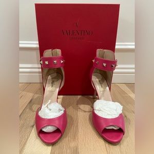 Valentino Pink Leather Rockstud Ankle Strap Open Toe, Size 37